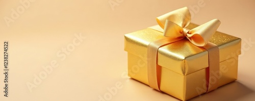 Glittering golden gift box with tulle ribbon and sparkling bow on a beige surface, gift wrapping inspiration, luxury gift, gold packaging