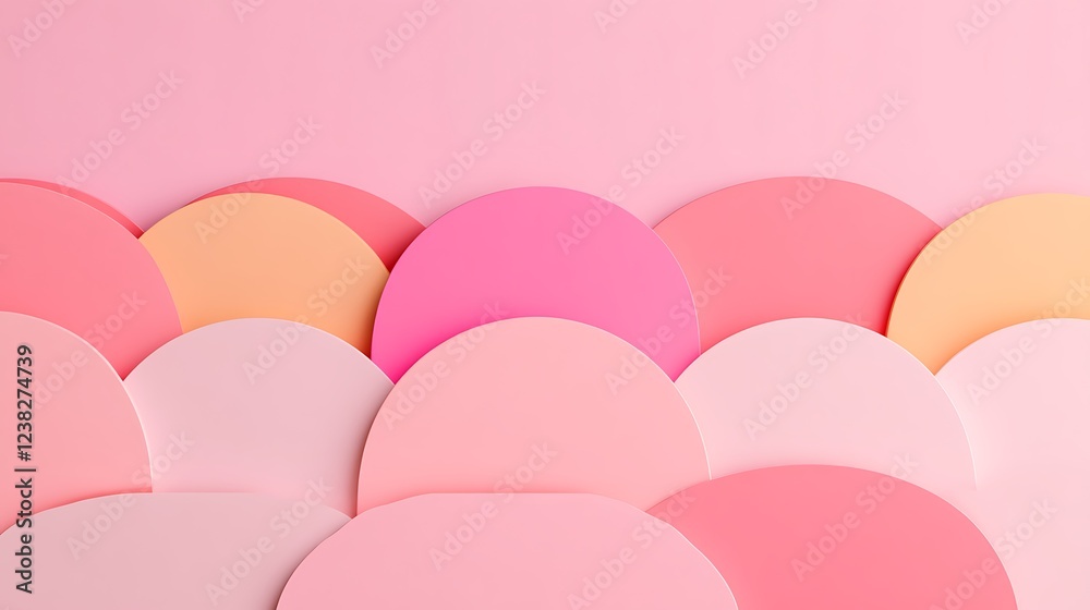 Colorful circular paper shapes arranged in waves on a soft pink background creating a playful and vibrant aesthetic Colorful circular paper shapes arranged in waves on a soft pink background creating a playful and vibrant aesthetic