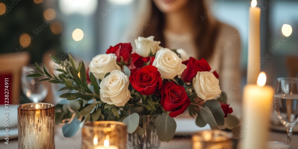 Obraz premium A beautiful arrangement of red and white roses in an elegant setting. Perfect for romantic dinners or special occasions. The soft lighting adds a warm ambiance. AI