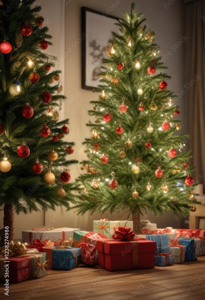 Presents under a small Christmas tree create a cozy atmosphere, small christmas tree, gift pile, presents around base Presents under a small Christmas tree create a cozy atmosphere, small christmas tree, gift pile, presents around base