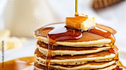 Stacked fluffy pancakes sit invitingly on a wooden table, topped with a pat of butter slowly melting under warm golden syrup that drips down the sides, promising a delicious treat photo