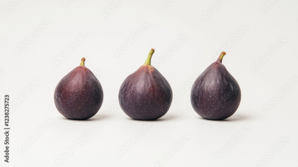 Three ripe figs arranged in a row on a white background.