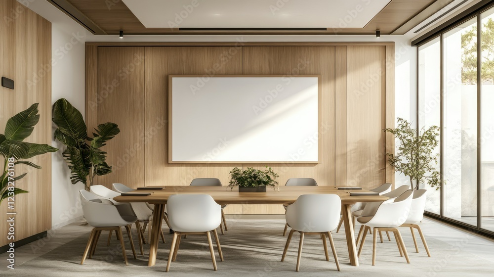 Fototapeta premium A simple yet elegant office meeting room with a clean whiteboard, natural wood elements, and stylish decor.