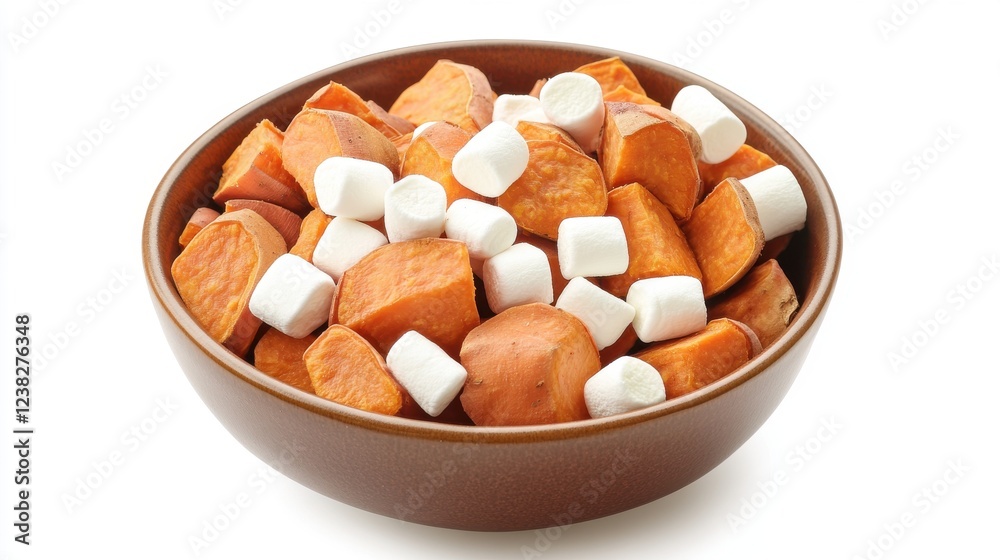 A tempting bowl of sweet potatoes and marshmallows, perfect for festive dinners and holiday gatherings. A tempting bowl of sweet potatoes and marshmallows, perfect for festive dinners and holiday gatherings.