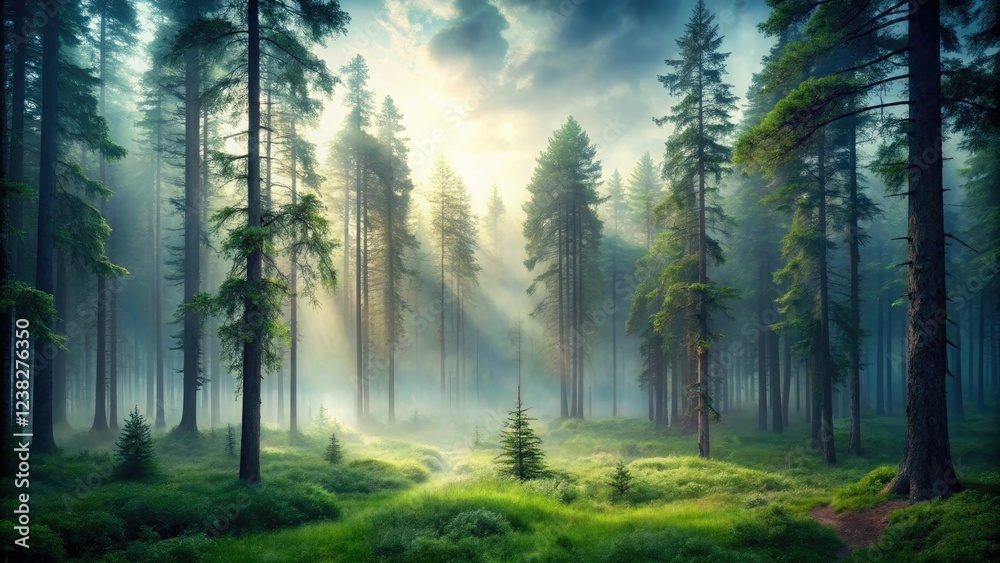 Obraz premium Moody forest landscape with misty atmosphere and towering trees, misty atmosphere, moody landscapes, towering trees, dramatic lighting