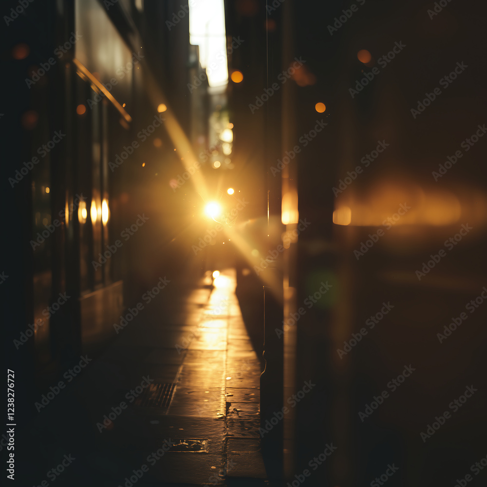 A sunset illuminating a narrow alley between modern buildings creating a serene atmosphere. A sunset illuminating a narrow alley between modern buildings creating a serene atmosphere.
