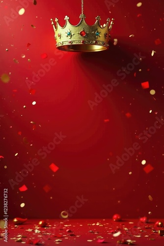 Golden regalia suspended high above a rich red canvas with festive confetti surrounding them, crown, gold photo