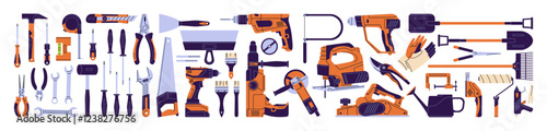 Work hand tools set. Different building instruments. Carpenters' equipment, gear: screwdrivers, spanners, electric drill, hammer, spatula, pliers, shovels. Flat isolated vector illustrations on white