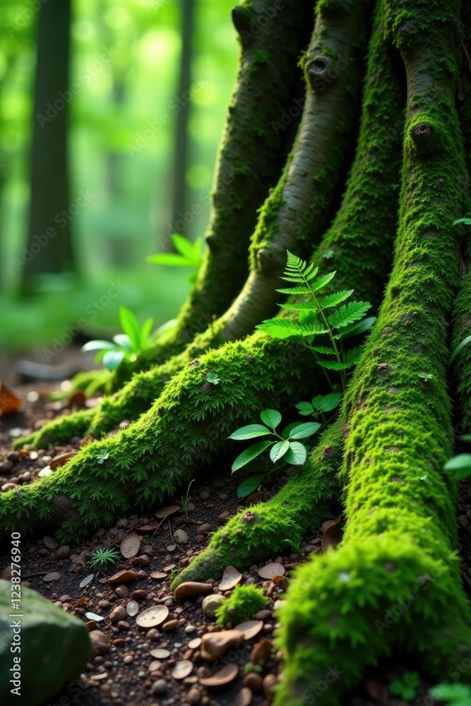 Moss and ferns growing around coniferous roots, forest floor texture, greenery, earthy tones Moss and ferns growing around coniferous roots, forest floor texture, greenery, earthy tones