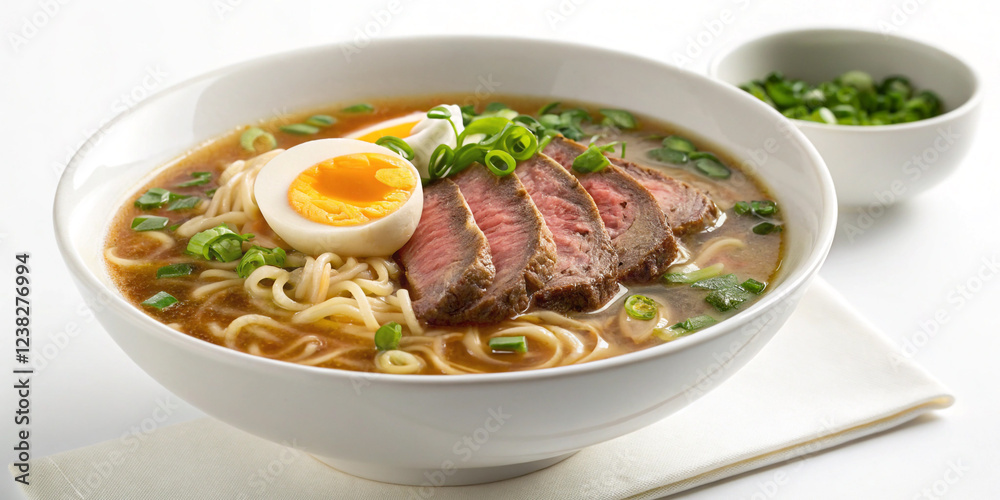 Ramen Soup with Beef, Egg, and Chives Isolated for Culinary Delights Ramen Soup with Beef, Egg, and Chives Isolated for Culinary Delights