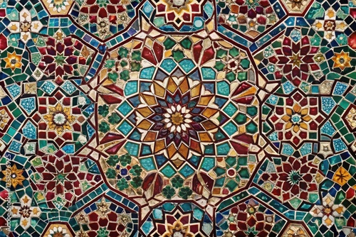 Mosaic tile pattern with intricate geometric shapes in a rich jewel-toned palette, luxury aesthetic, design element