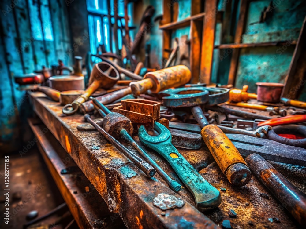 Abandoned Building Interior: Rusty Tools & Equipment Scattered on Dusty Floor - Urban Exploration Photography Abandoned Building Interior: Rusty Tools & Equipment Scattered on Dusty Floor - Urban Exploration Photography