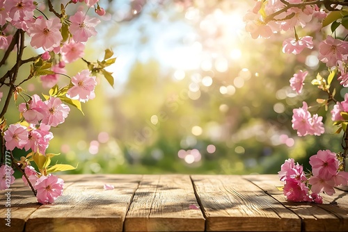 Delicate Pink Cherry Blossoms on Rustic Wooden Tabletop