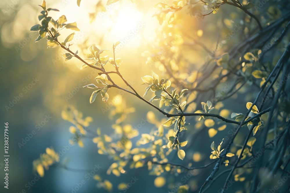 Obraz premium Springtime forest with setting sun shining through leaves and branches. Nature, forestry, habitat, environment and sustainability concepts.