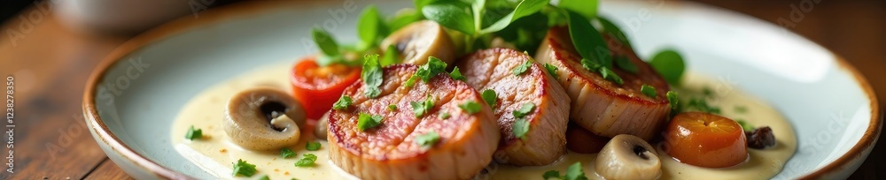 Grilled Iberian pork medallions with creamy mushroom and herb sauce garnish, Nordic plate, topping, mushroom Grilled Iberian pork medallions with creamy mushroom and herb sauce garnish, Nordic plate, topping, mushroom