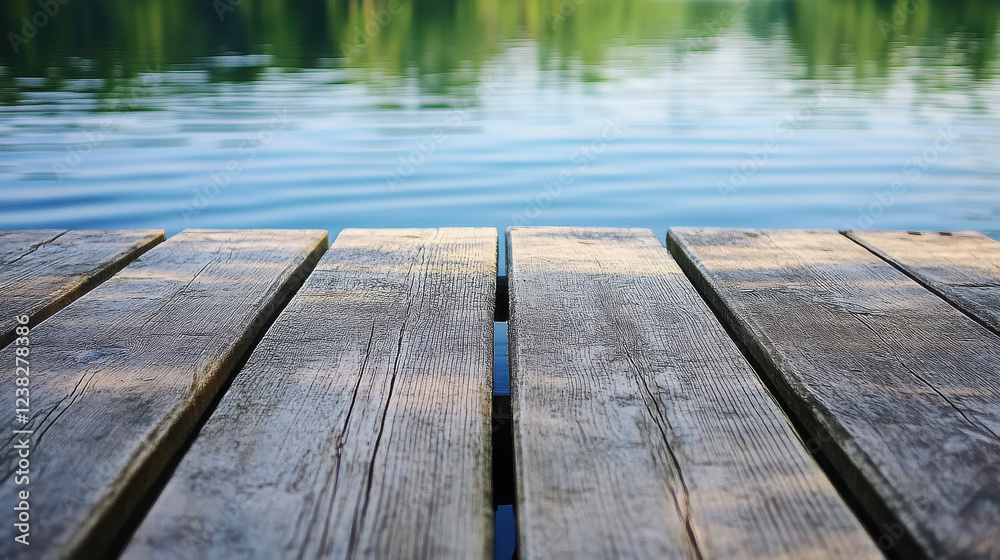A wooden dock extending over calm water, reflecting greenery and gentle ripples. A wooden dock extending over calm water, reflecting greenery and gentle ripples.