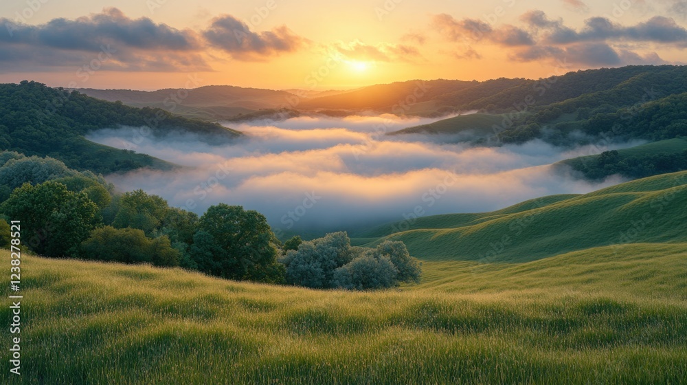 Fototapeta premium Sunrise Over Misty Valleys With Rolling Hills and Trees. Generative AI