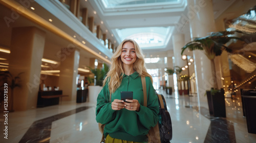 a happy european young blond woman arriving in hotel reception with green clothe holding smartphone