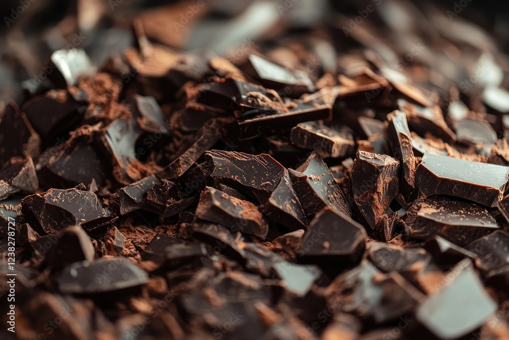 Close-up of a pile of broken chocolate pieces, showcasing rich texture and indulgence Close-up of a pile of broken chocolate pieces, showcasing rich texture and indulgence