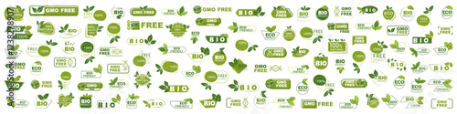 Set of green natural, fresh, eco labels in a flat design