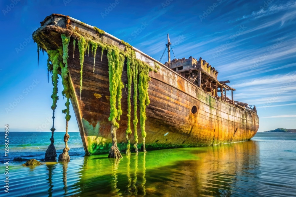 Navy shipwreck with dripping slime on wooden hull, dripping slime, marine, rot Navy shipwreck with dripping slime on wooden hull, dripping slime, marine, rot