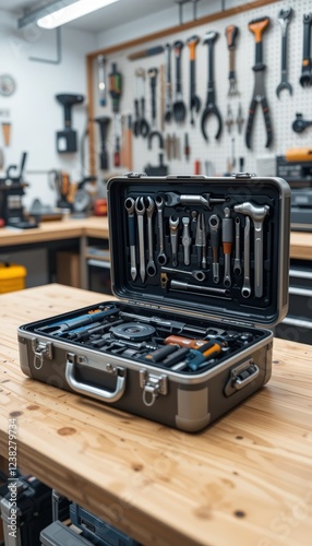 A well-organized toolbox sits on a workshop table, showcasing various tools and equipment, perfect for illustrating craftsmanship and DIY projects. 