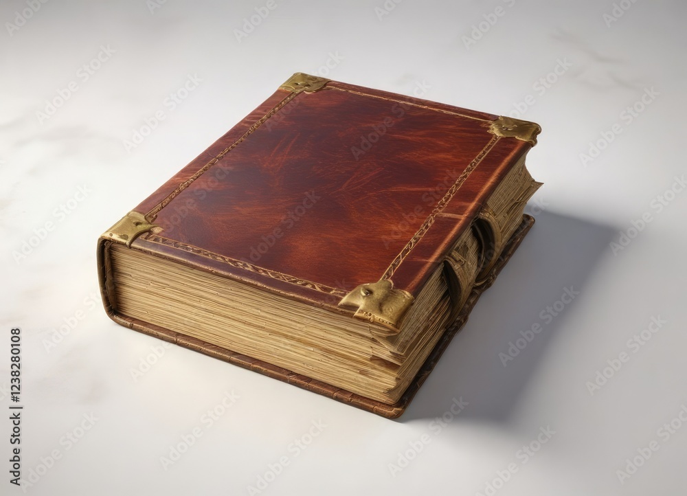 Obraz premium Old leather book with gold metal corners isolated on white background, old, decoration, book