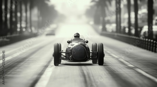 Fotografie Vintage race car driving down a palm tree-lined road.