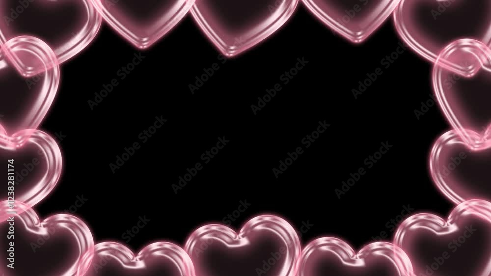 Heart bubble floating frame animated with alpha channel. Pink hearts border motion graphic on transparent background. Valentine, love, romance.