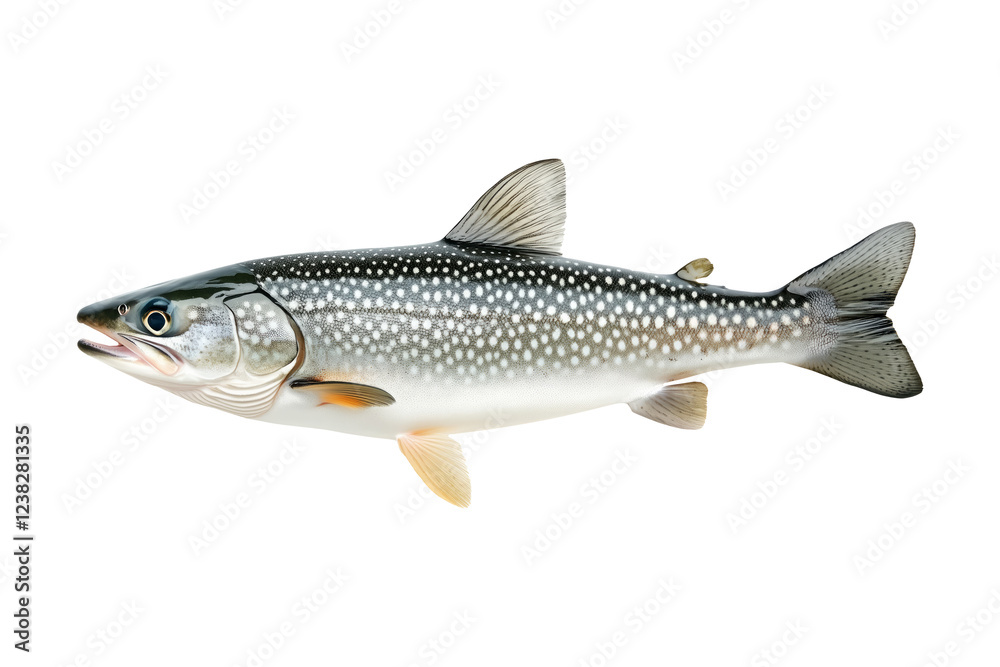Obraz premium Detailed northern pike fish with spotted scales, fins and sharp jaw isolated on white transparent background, concept of aquatic life