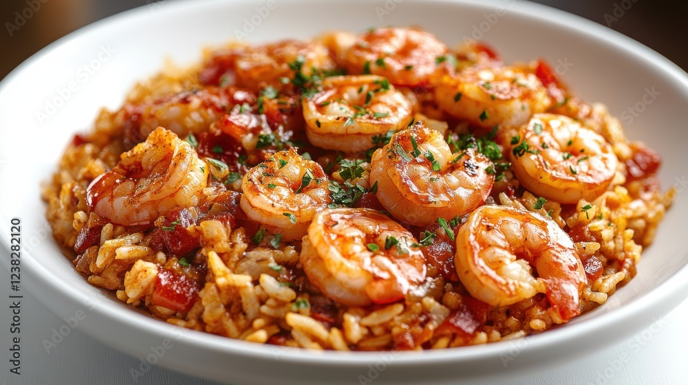 Shrimp and rice dish featuring vibrant colors and fresh ingredients served in a white bowl Shrimp and rice dish featuring vibrant colors and fresh ingredients served in a white bowl