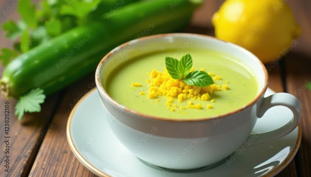 Light and airy courgette soup with lemon zest in a delicate white cup, liquid, zest Light and airy courgette soup with lemon zest in a delicate white cup, liquid, zest