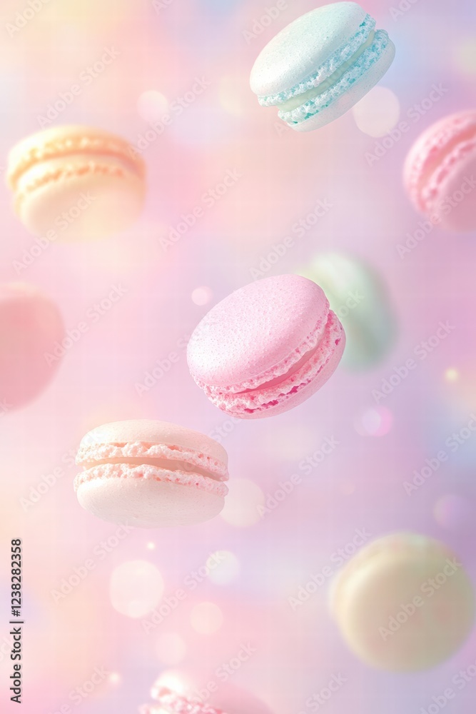 Fototapeta premium A dreamy pastel scene featuring floating macarons, perfect for evoking a sense of joy and culinary creativity.