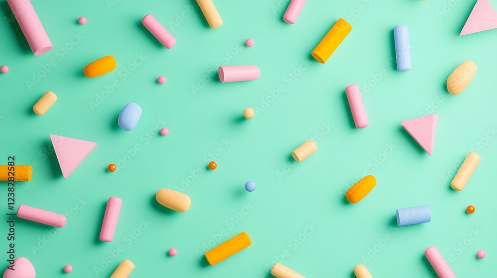 Colorful Geometric Shapes and Pastel Objects on Mint Background for Creative and Design Projects Colorful Geometric Shapes and Pastel Objects on Mint Background for Creative and Design Projects