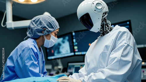 AI robot assisting with robotic surgery and precise medical procedures under a doctors supervision