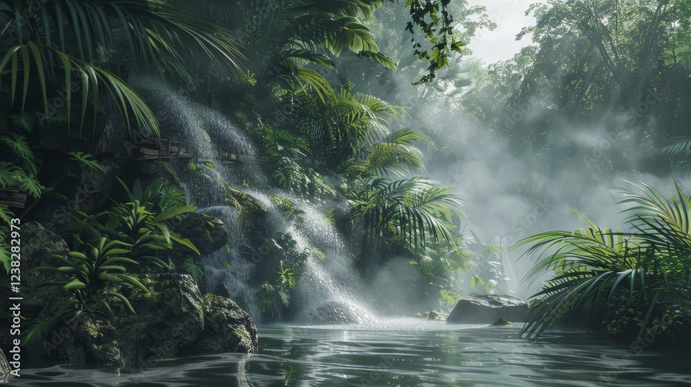 Serene Tropical Waterfall Cascading Through Lush Green Jungle Landscape Serene Tropical Waterfall Cascading Through Lush Green Jungle Landscape