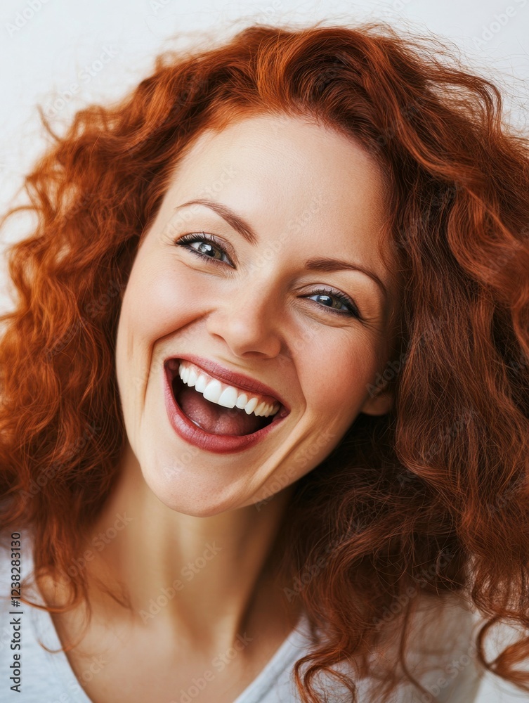 Bright smile of a woman with curly red hair enjoying a joyful moment while sitting indoors during a sunny afternoon Bright smile of a woman with curly red hair enjoying a joyful moment while sitting indoors during a sunny afternoon