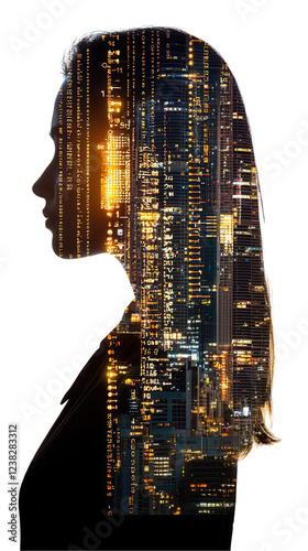 Silhouette of a woman with city lights transparent background digital art urban environment profile view modern concept