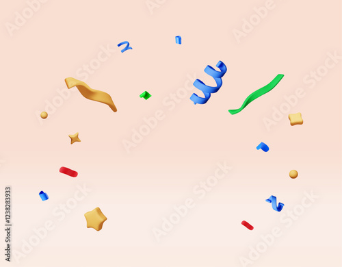 3D party ribbon confetti round isolated on white. Render color confetti collection. Colorful firecracker elements in various shapes. Party, holyday, surprise or birthday events. Vector illustration