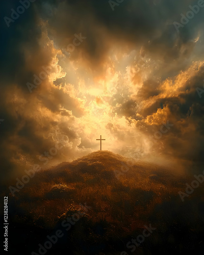 Sunset Cross Hilltop Divine Golden Rays photo