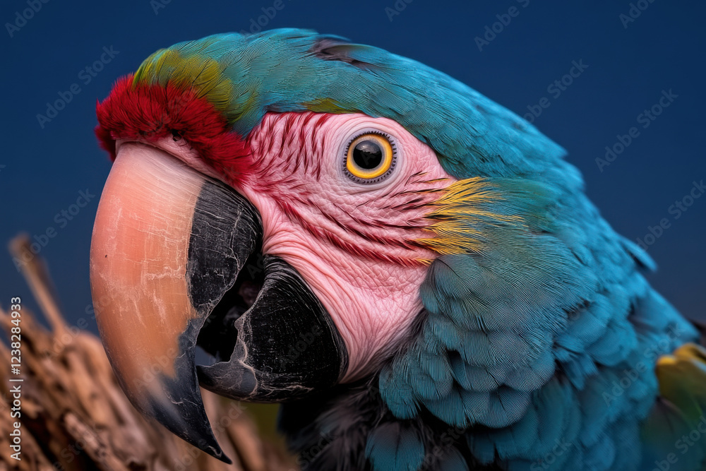 Fototapeta premium Vibrant macaw perched against a deep blue sky showcasing its colorful plumage and captivating expression in a natural setting