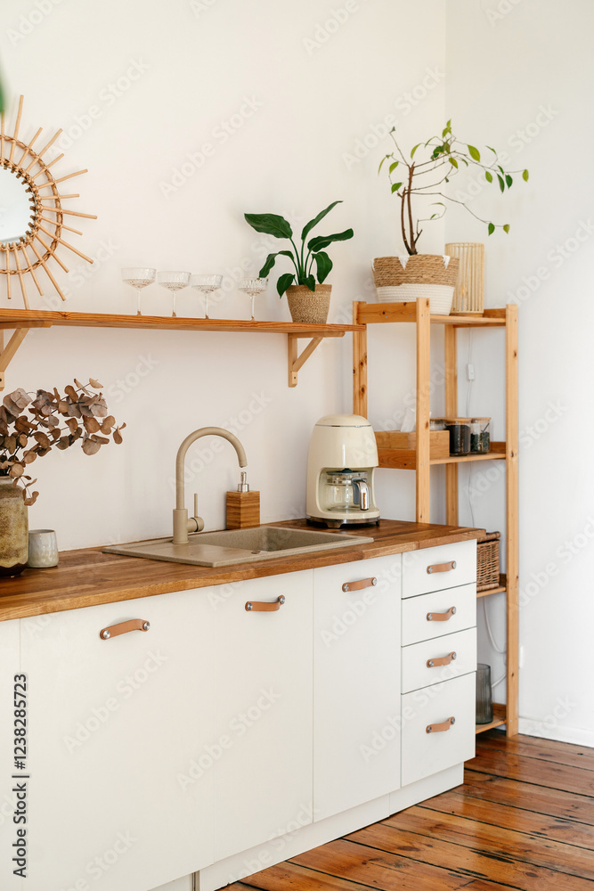 Fototapeta premium Modern bohemian kitchen interior with minimalist design features and natural elements