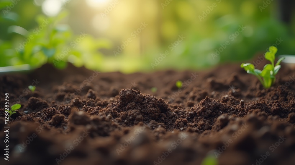 Close-up of soil with small green seedlings under sunlight in garden. Concept of growth, sustainability and agriculture Close-up of soil with small green seedlings under sunlight in garden. Concept of growth, sustainability and agriculture