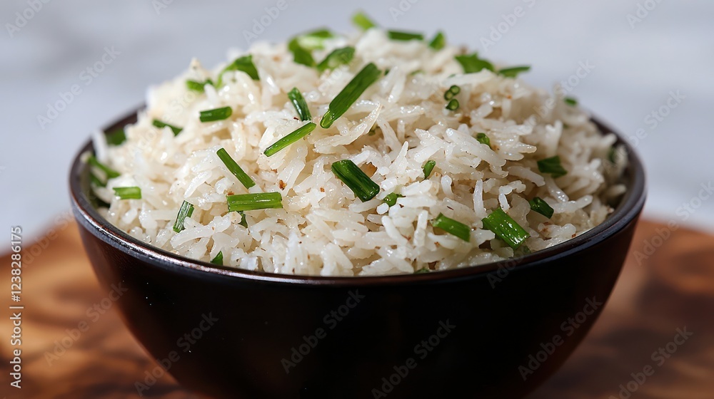 A bowl of fluffy rice garnished with chopped green herbs, ready to be served. A bowl of fluffy rice garnished with chopped green herbs, ready to be served.
