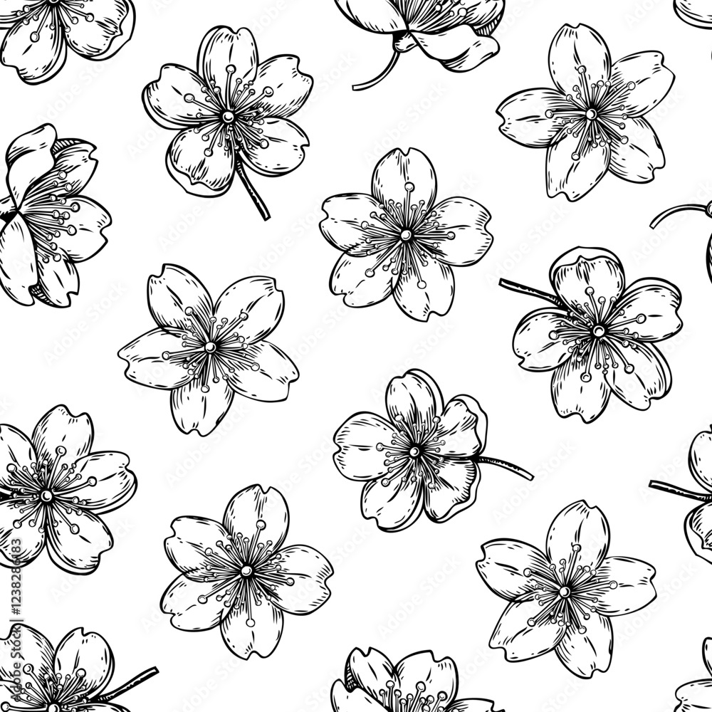 Sakura flowers pattern. Cherry blossom background. Blooming flower sketches. Floral seamless design. Hand-drawn vector illustration. NOT AI genereted Sakura flowers pattern. Cherry blossom background. Blooming flower sketches. Floral seamless design. Hand-drawn vector illustration. NOT AI genereted