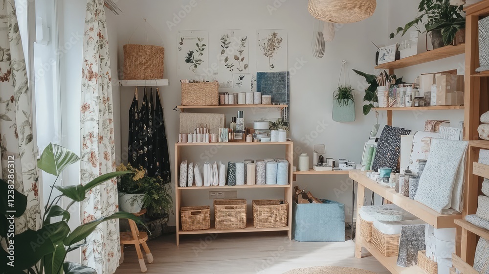 Fototapeta premium A home-based craft studio with fabric samples, sewing tools, and an organized workspace, creative small business setup.