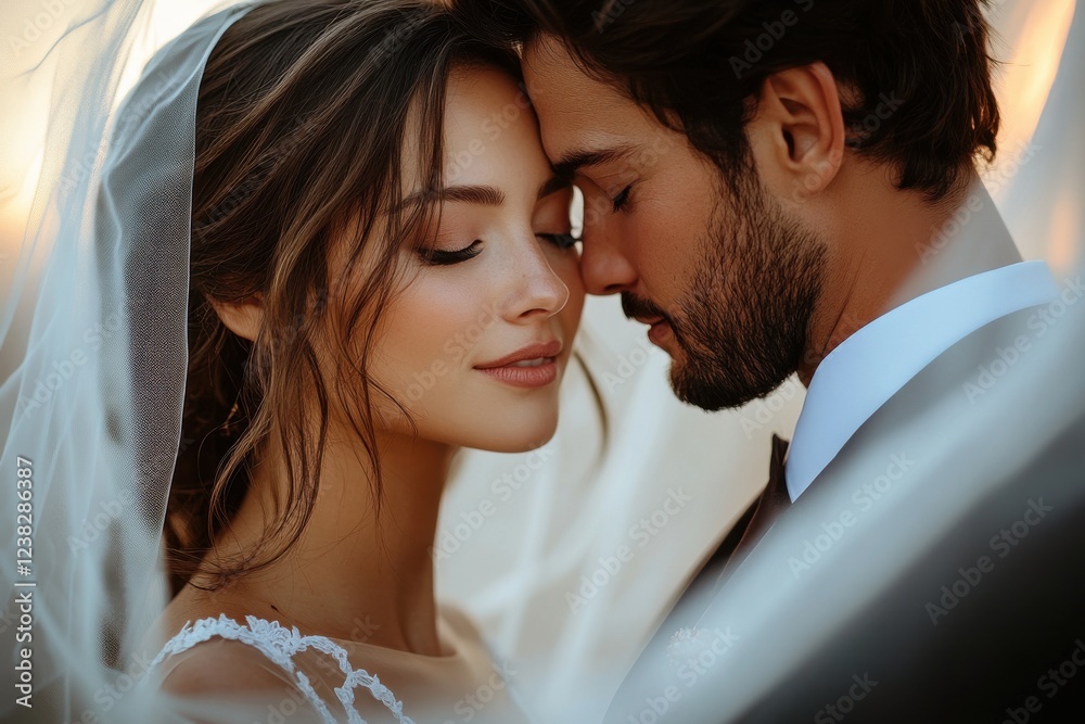 Couple exchanging intimate moments at sunset during a wedding ceremony in a serene outdoor setting, capturing a deep emotional connection and love Couple exchanging intimate moments at sunset during a wedding ceremony in a serene outdoor setting, capturing a deep emotional connection and love