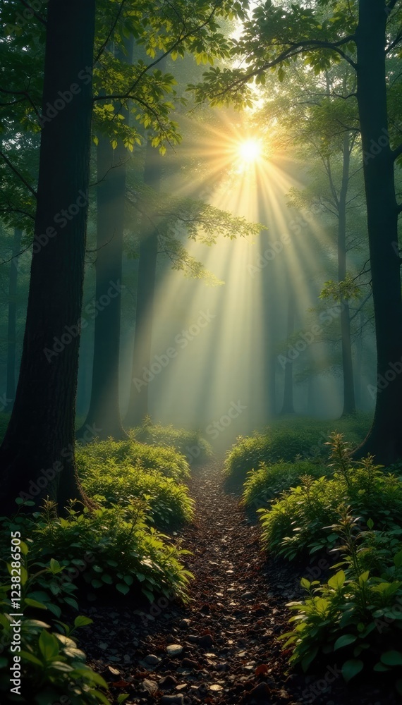 Obraz premium Misty forest floor shrouded in shadows as sun rises high, foliage, branches, atmosphere