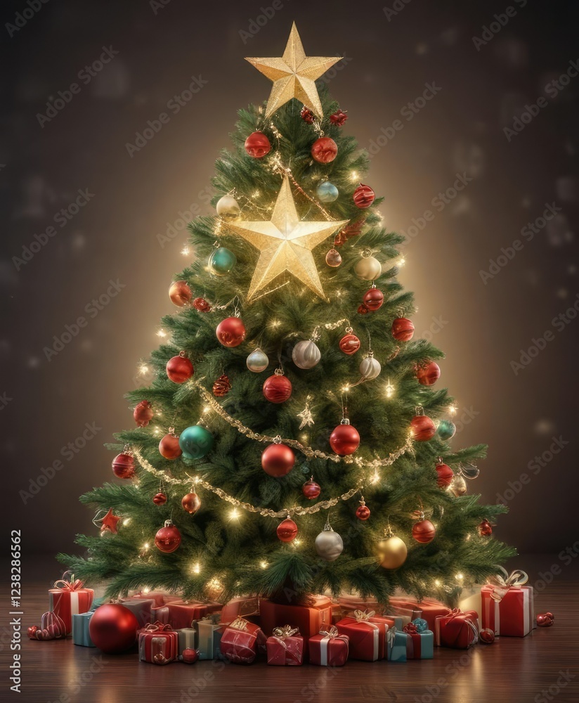 Sparkling star-topped Christmas tree with ornaments and garlands, ornaments, star topped christmas tree Sparkling star-topped Christmas tree with ornaments and garlands, ornaments, star topped christmas tree