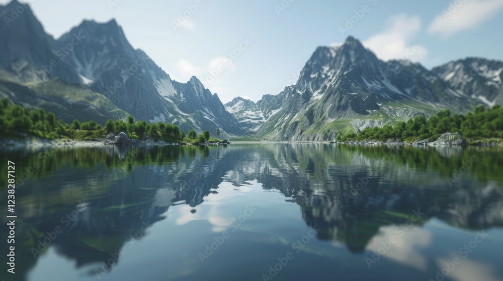 Serene Lake Surrounded by Majestic Mountains and Lush Forests Serene Lake Surrounded by Majestic Mountains and Lush Forests